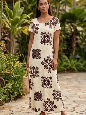 One Papaya Hawaiian Cream and Brown Floral Print Short-Sleeve Maxi Dress